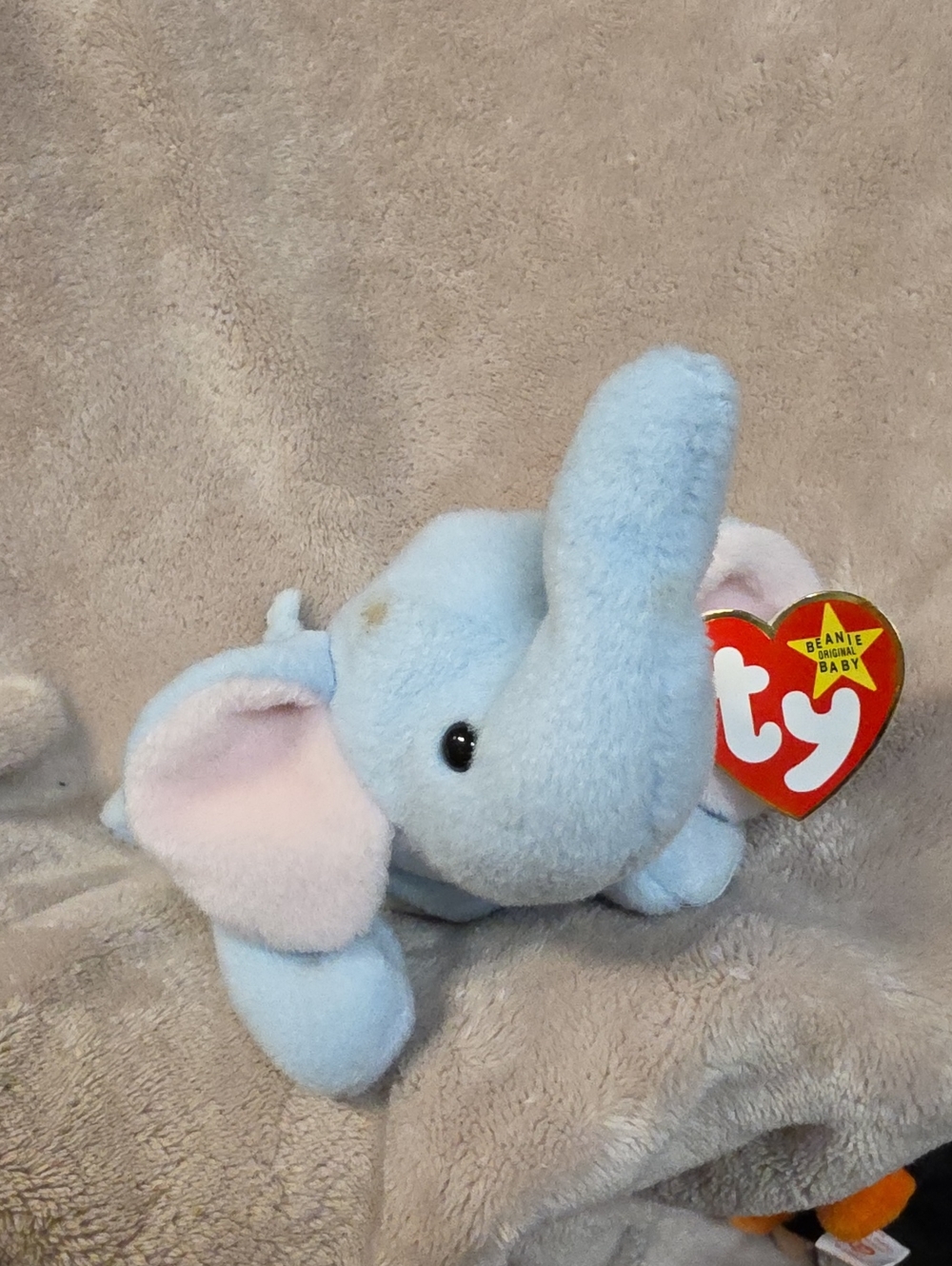 Ty Light Blue Elephant Beanie Baby with Pink Ears